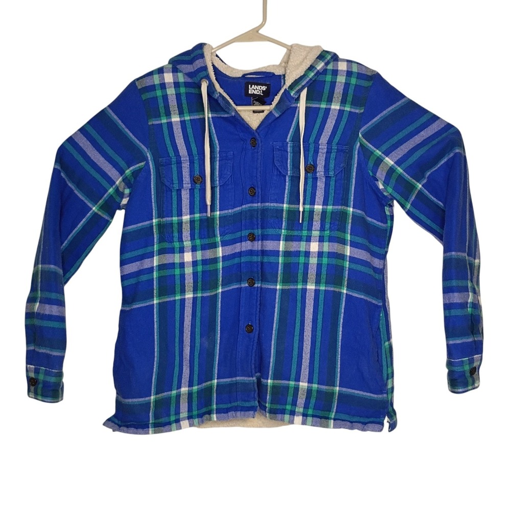 Lands End Shacket Size XS Blue Plaid Flannel Sherpa Lined Hood Button Up Pockets